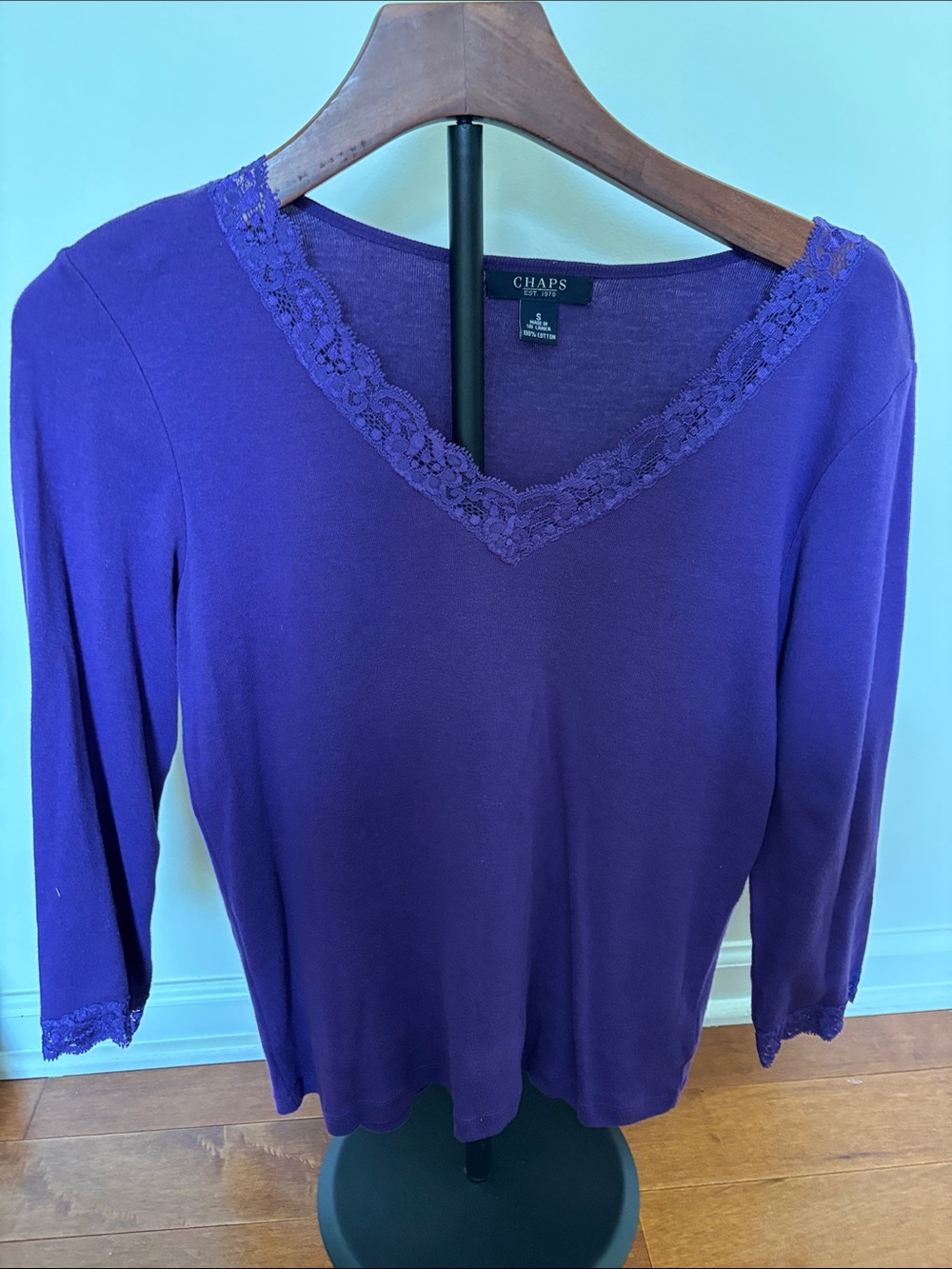 Chaps Purple Lace V Neck Blouse Womens Size Small 3/4 Sleeve Top